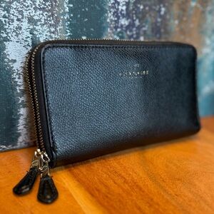 Coach Black Crossgrain Leather Double Zip Accordion Wallet